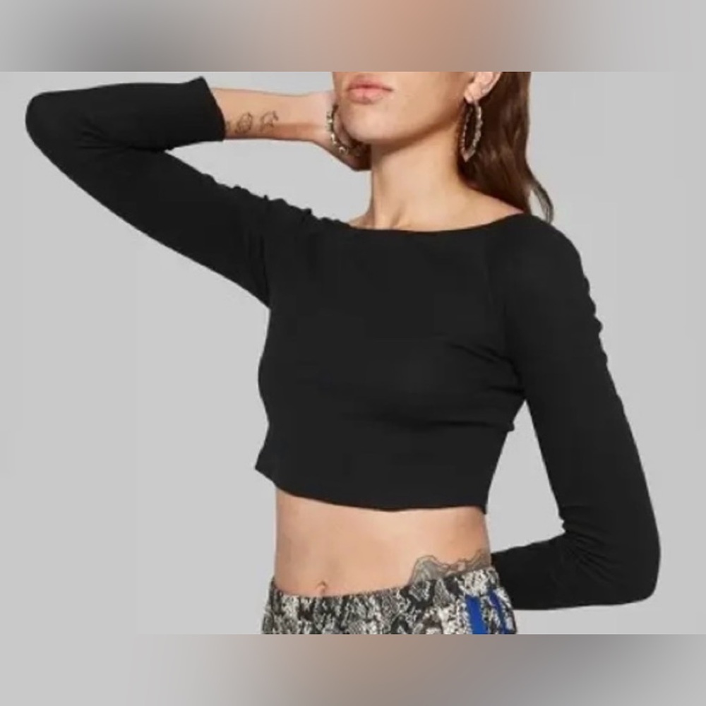 Women's Cropped Long Sleeve Seamless Double Scoop Neck Top Black Size S